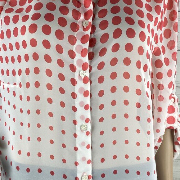 I.N. Studio Blouse XL Sheer White Pink Polka Dot Roll Tab Sleeves - Picture 7 of 12